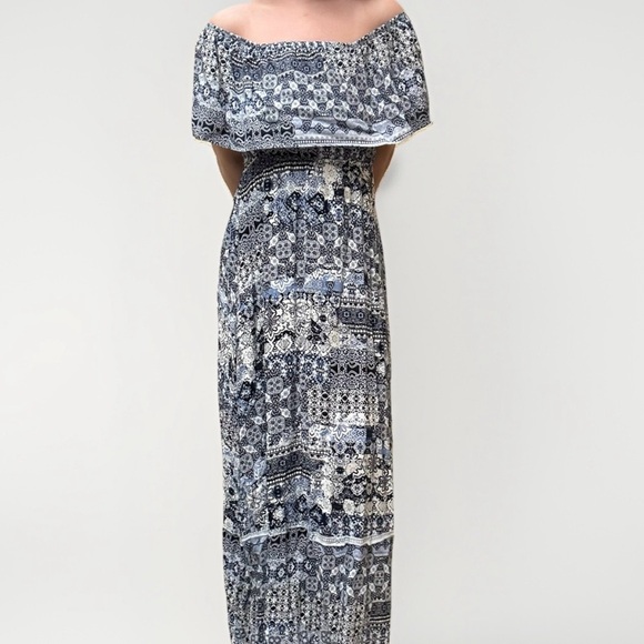 Mi Ami Off The Shoulder Blue White Talovera Maxi Dress Small Summer Beachy Light - Picture 1 of 7